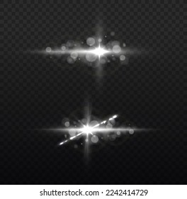 Shining star explosion, sun particles blur and sparks with highlight effect. Effect glare, sun lens rays. White lights bokeh glitter and sequins. Transparent light flare and sparkles lines set, vector