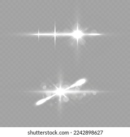 Explosión estelar brillante, partículas solares borrosas y chispas con efecto resaltante. Resplandor de efecto, rayos de lente solar. Las luces blancas rompen el brillo y las secuencias. Conjunto de líneas de destello y destellos transparentes, vector