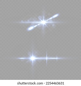 Explosión estelar brillante, partículas solares borrosas y chispas con efecto resaltante. Resplandor de efecto, rayos de lente solar. Las luces azules rompen el brillo y las secuencias. Conjunto de líneas de destello y destellos transparentes, vector