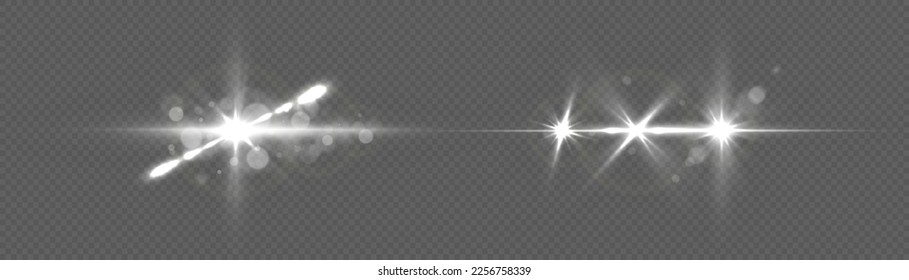 Shining star explosion, sun particles blur and sparks with highlight effect. Transparent light flare and sparkles lines set. Effect glare, sun lens rays. White lights bokeh glitter and sequins, vector