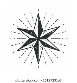 Shining star in hand drawn black line doodle style isolated on white background