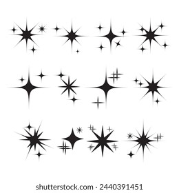 Shining star icons, abstract sparkle black silhouettes. Set of twinkling star vector. Minimalist twinkle star shape symbols. Modern geometric elements, shining star icon set.