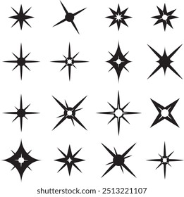 Shining star icons, abstract sparkle black silhouettes. Modern geometric elements, Shiny magic Christmas starburst effect, twinkle sparkle star silhouettes. Abstract asterisk glitter groups, tattoo