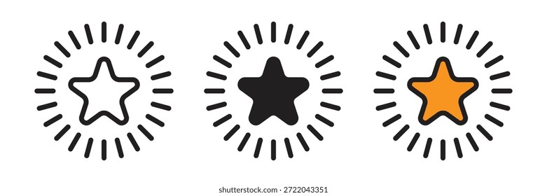 Iconos de estrellas brillantes con rayos radiales, que simbolizan un futuro brillante, principales puntos destacados, premios especiales, excelencia y logros creativos significativos.