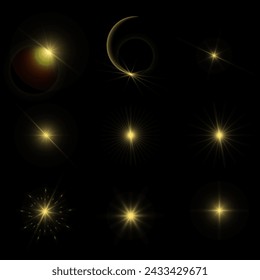 Shining star light rays glowing particles. Vector special effect on a transparent background.