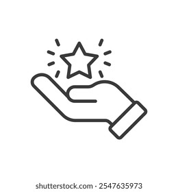 Estrella brillante en una mano, icono en diseño de línea. Estrella, mano, brillante, éxito, logro, esperanza, aspiración sobre fondo blanco Vector. Estrella brillante en un icono de trazo editable a mano