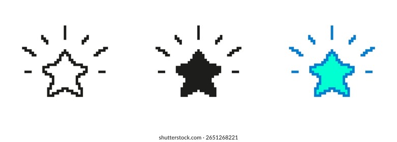 Shining Star Pixelated Icon Set. Pixel Art Symbol eines leuchtenden Sterns. Leistung und Exzellenz, Brillanz und Anerkennung. Isolierte Vektorgrafik.
