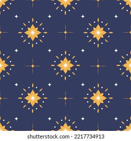 Estrella brillante y rayos, con flores que brillan por el cuerpo celestial. Decoración o adorno para las vacaciones. Patrón, papel pintado o papel de fondo inoxidable para papel textil o de envoltura. Vector de estilo plano