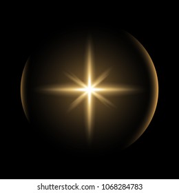 Shining star with rays and glare, sunlight special light effect on black background, abstract texture for your design and business, golden color
