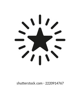 Shining star with rays line icon. Achievement, achieve, top, feedback, rating, rate, review, reaction, award, badge, trophy. Business concept. Vector black line icon on a white background