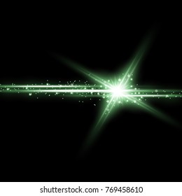 Shining star with a stardust , lights and bursts sparkles with stardust on black background, light effect, green color