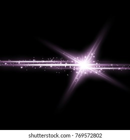 Shining star with a stardust , lights and bursts sparkles with stardust on black background, light effect, purple color