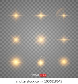 Shining Star, The Sun Particles And Sparks With A Highlight Effect, Color Bokeh Lights Glitter And Sequins. On Transparent Background. Set. Vector, EPS10