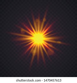 Shining star, the sun particles and sparks with a highlight effect, color bokeh lights glitter and sequins. On a dark background transparent. Vector, EPS10 Star burst with dust and sparkle isolated. 