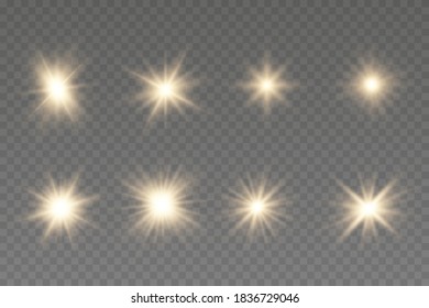 Shining star, the sun particles and sparks with a highlight effect, golden bokeh lights glitter and sequins. Light effect, golden glowing flash with gold rays and lights.