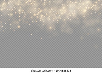 Shining star, sun particles and sparks with lens flare effect on transparent background. Light abstract glowing bokeh lights. Sparkling magical dust particles. Christmas concept. Vector illustration.