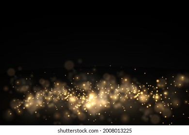Estrella brillante, partículas solares y chispas con efecto de lente sobre el fondo negro. Luces de bokeh abstractas y luminosas. Parpadeando mágicas partículas de polvo. concepto de Navidad. Ilustración vectorial.
