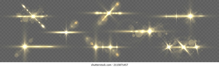 Shining star, sun particles and sparks with highlight effect, golden lights bokeh glitter and sequins. Effect glare, lines, yellow explosion. Transparent golden light flare and sparkles set, vector.