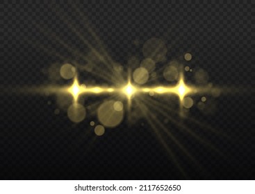 Shining star, sun particles and sparks with highlight effect, golden lights bokeh glitter and sequins. Effect glare, lines, yellow explosion. Transparent golden light flare and sparkles set, vector.