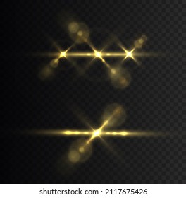 Estrella brillante, partículas solares y chispas con efecto de resaltado, luces doradas abren brillo y secuelas. Resplandor de efecto, líneas, explosión amarilla. Lámpara de luz dorada transparente y conjunto de destellos, vector.