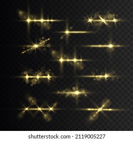 Shining star, sun particles and sparks with highlight effect, golden lights bokeh glitter and sequins. Effect glare, lines, yellow explosion. Transparent golden light flare and sparkles set, vector.