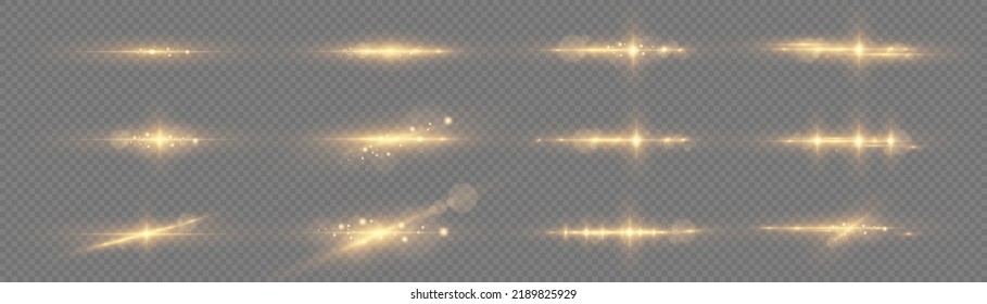 Estrella brillante, partículas solares y chispas con efecto de resaltado, luces doradas abren brillo y secuelas. Lámpara de luz dorada transparente y conjunto de destellos, vector. Resplandor de efecto, líneas, explosión amarilla.