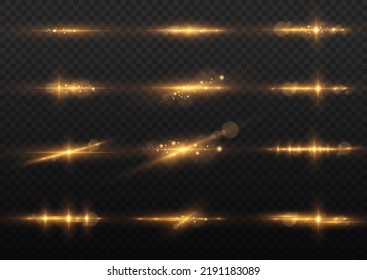Shining star, sun particles and sparks with highlight effect, golden lights bokeh glitter and sequins. Transparent golden light flare and sparkles set, vector. Effect glare, lines, yellow explosion.