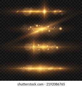 Shining star, sun particles and sparks with highlight effect, golden lights bokeh glitter and sequins. Transparent golden light flare and sparkles set, vector. Effect glare, lines, yellow explosion.