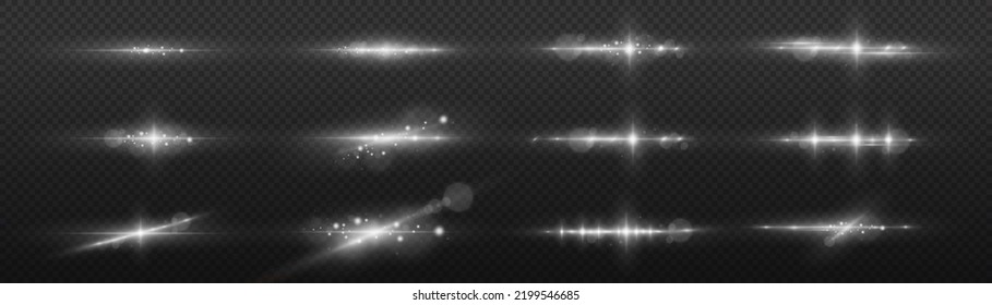 Shining star, sun particles and sparks with highlight effect, golden lights bokeh glitter and sequins. Transparent golden light flare and sparkles set, vector. Effect glare, lines, white explosion.