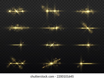 Shining star, sun particles and sparks with highlight effect, golden lights bokeh glitter and sequins. Effect glare, lines, yellow explosion. Transparent golden light flare and sparkles set, vector.