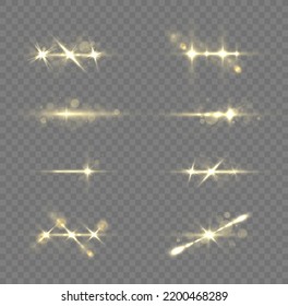 Shining star, sun particles and sparks with highlight effect, golden lights bokeh glitter and sequins. Effect glare, lines, yellow explosion. Transparent golden light flare and sparkles set, vector.