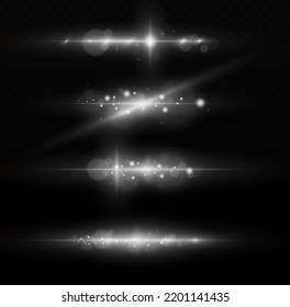 Shining star, sun particles and sparks with highlight effect, golden lights bokeh glitter and sequins. Transparent golden light flare and sparkles set, vector. Effect glare, lines, white explosion.