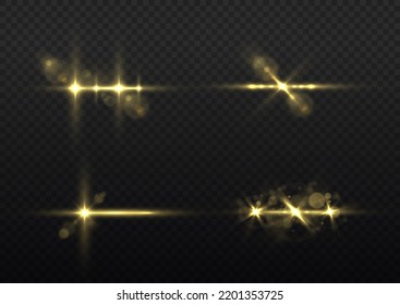 Shining star, sun particles and sparks with highlight effect, golden lights bokeh glitter and sequins. Effect glare, lines, yellow explosion. Transparent golden light flare and sparkles set, vector.