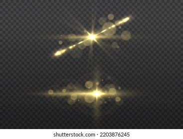 Shining star, sun particles and sparks with highlight effect, golden lights bokeh glitter and sequins. Effect glare, lines, yellow explosion. Transparent golden light flare and sparkles set, vector.