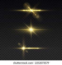 Shining star, sun particles and sparks with highlight effect, golden lights bokeh glitter and sequins. Effect glare, lines, yellow explosion. Transparent golden light flare and sparkles set, vector.