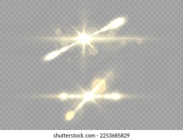 Shining star, sun particles and sparks with highlight effect, golden lights bokeh glitter and sequins. Effect glare, lines, yellow explosion. Transparent golden light flare and sparkles set, vector.