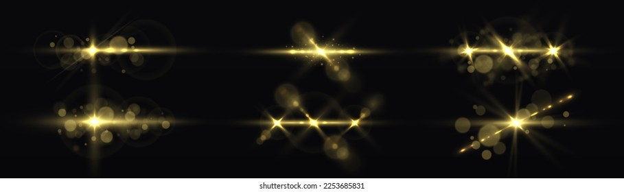 Shining star, sun particles and sparks with highlight effect, golden lights bokeh glitter and sequins. Effect glare, lines, yellow explosion. Transparent golden light flare and sparkles set, vector.