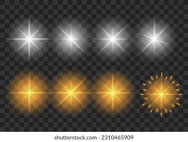 Shining star, the sun particles and sparks with a highlight effect, color bokeh lights glitter and sequins. On transparent background. Set. Vector, EPS10