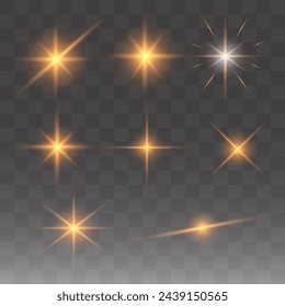 Leuchtender Stern, die Sonnenpartikel und Funken mit Highlight-Effekt, farbige Bokeh-Lichter und Pailletten. Auf transparentem Hintergrund. einstellen. Vektor, EPS10