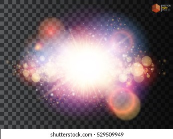 Shining star, the sun particles and sparks with a highlight effect, gloss color bokeh lights and tinsel. On a dark background transparent. Vector, EPS10