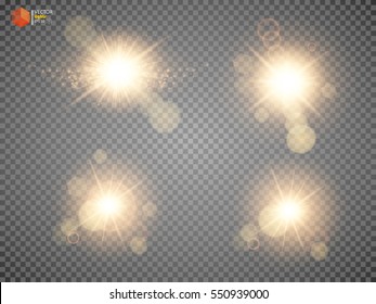  Shining star, the sun particles and sparks with a highlight effect, gold glitter bokeh lights and tinsel. On a dark background transparent. Vector, EPS10