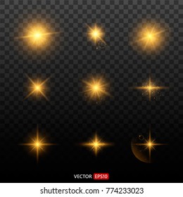 Shining star, the sun particles and sparks with a highlight effect, color bokeh lights glitter and sequins. On transparent background. Set. Vector, EPS10