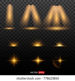 Shining star, the sun particles and sparks with a highlight effect, color bokeh lights glitter and sequins. On transparent background. Set. Vector, EPS10
