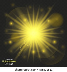 Shining star, the sun particles and sparks with a highlight effect, golden bokeh lights glitter and sequins. On a dark background transparent. Vector, EPS10
