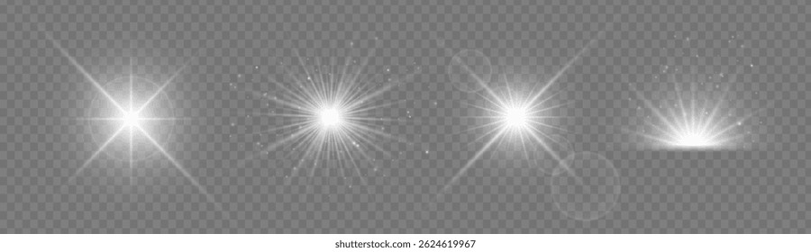 Shining starburst with lens flare and sparkling glow. Abstract light effect with radiant beams, glitter and bokeh. Realistic glowing element for festive, cosmic or magical designs. Vector illustration