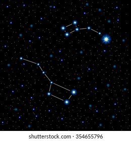 Estrellas brillantes y constelaciones en el cielo nocturno, ilustración vectorial. Gran oso y pequeño oso, estrella polar en el cielo nocturno, fondo cosmos realista