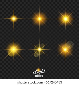 Shining stars with highlight effect. Glowing particles with golden bokeh lights and bright rays.