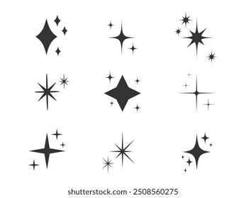 ícone Estrelas brilhantes Coleção. Faísca Estelar. Faísca piscando. Forma de estrela cintilante. Luz mágica Glint efeito Flash. Ilustração vetorial