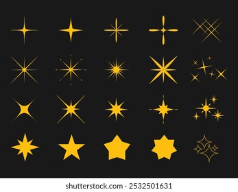 ícone Estrelas brilhantes Coleção. Faísca Estelar. Faísca piscando. Forma de estrela cintilante. Luz mágica Glint efeito Flash. Ilustração vetorial