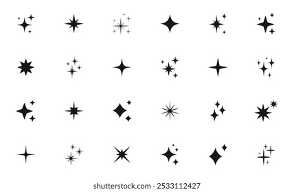 Definição de ícone de estrelas brilhantes. Ícones de estrelas cintilantes. Coleção Twinkle stars. Diferentes formas de estrelas. Efeito brilho, brilho, piscando e limpo. Ilustração vetorial.